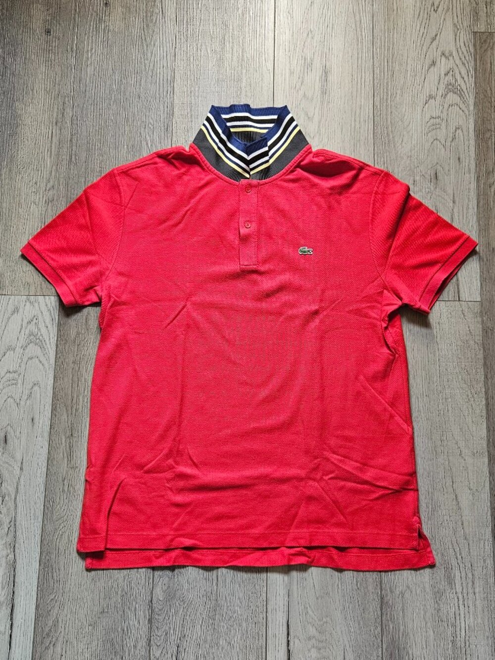 Lacoste Slim Fit Striped Collar Polo Shirt Mens XL FR 6 Red Pique Cotton Tee